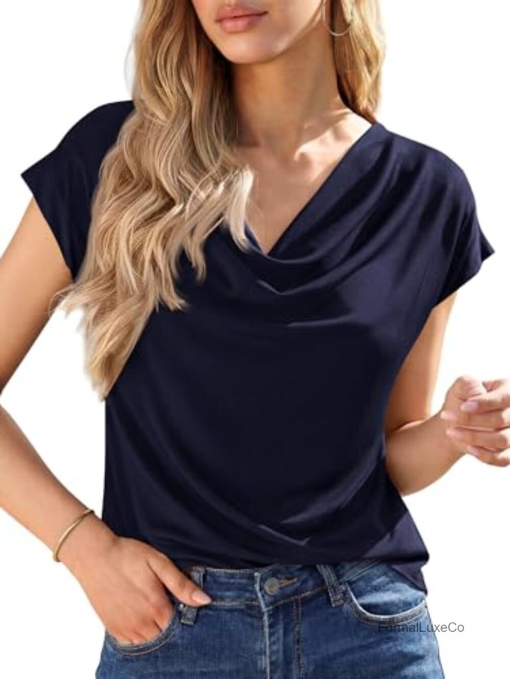 Cowl Neck Short Sleeve Dressy Top for Women Business Casual Knit Blouse